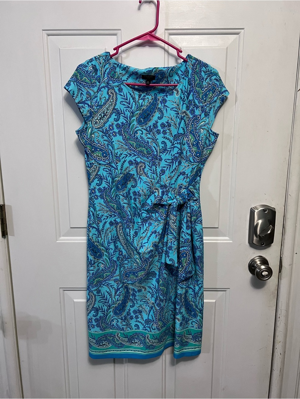 Talbots Petite MP Paisley Dress Blue Turquoise Floral Side Tie Stretch Nylon